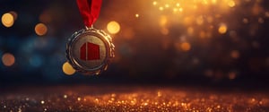 Medaille mit DATAGROUP-Logo vor Lichtpartikeln