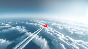 Roter Papierflieger über den Wolken mit Kondensstreifen.