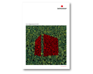 Cover des Nachhaltigkeitsberichts 2022 der DATAGROUP mit Luftaufnahme grüner Baumkronen, über die das rote DATAGROUP-Logo eingeblendet ist