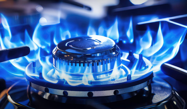 Eine blaue Gasflamme in einem offenen Herd