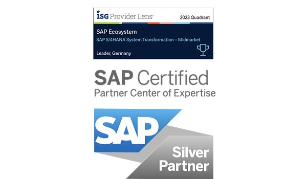 Logos und Auszeichnungen von DATAGROUP: ISG Provider Lens 2023 Leader Germany im Bereich SAP S/4HANA Transformation, SAP Certified Partner Center of Expertise und SAP Silver Partner.