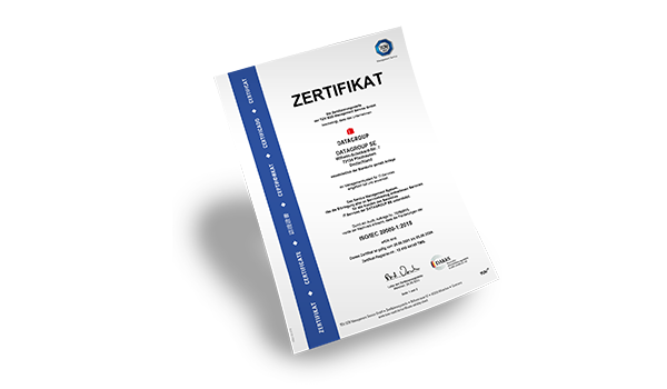 Zertifikat über Informationssicherheit von DATAGROUP, das die Einhaltung anerkannter IT-Sicherheitsstandards bestätigt