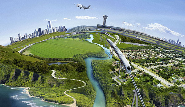 Illustration of a landscape with sea, field, river, town, airplane and airport, train with rail system