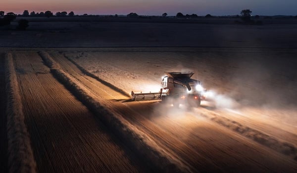 Mähdrescher arbeitet in der Dämmerung auf einem großen Feld und hinterlässt gut sichtbare Erntespuren, während Scheinwerfer Staub und Umgebung beleuchten.
