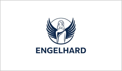 Dunkelblaues Logo der Firma Engelhard auf weißem Hintergrund. Zu sehen ist ein Engel mit blauen Flügeln der von einem Kreis umgeben ist.