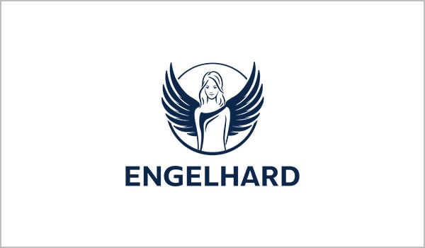 Dunkelblaues Logo der Firma Engelhard auf weißem Hintergrund. Zu sehen ist ein Engel mit blauen Flügeln der von einem Kreis umgeben ist.