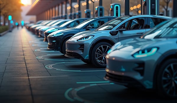 Reihe moderner Elektrofahrzeuge, die an einer städtischen Ladeinfrastruktur nebeneinander angeschlossen sind. In der Abenddämmerung leuchten Ladestationen und Straßenbeleuchtung