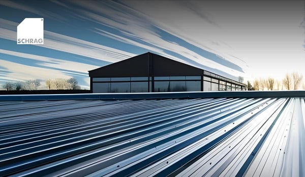 Metallisches Dach mit parallel verlaufenden Profilblechen im Vordergrund, dahinter ein modernes Industrie- oder Hallengebäude vor einem Himmel mit langgezogenen Wolken. Oben links ist ein quadratisches Logo mit dem Schriftzug „SCHRAG“ zu sehen.