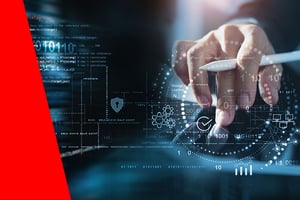 Hand auf digitalem Dashboard mit Cyber-Security-Symbolen