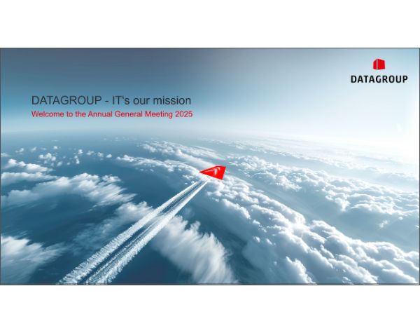 Invitation slide to the DATAGROUP Annual General Meeting 2025, showing a red paper plane flying above the clouds with a vapor trail.