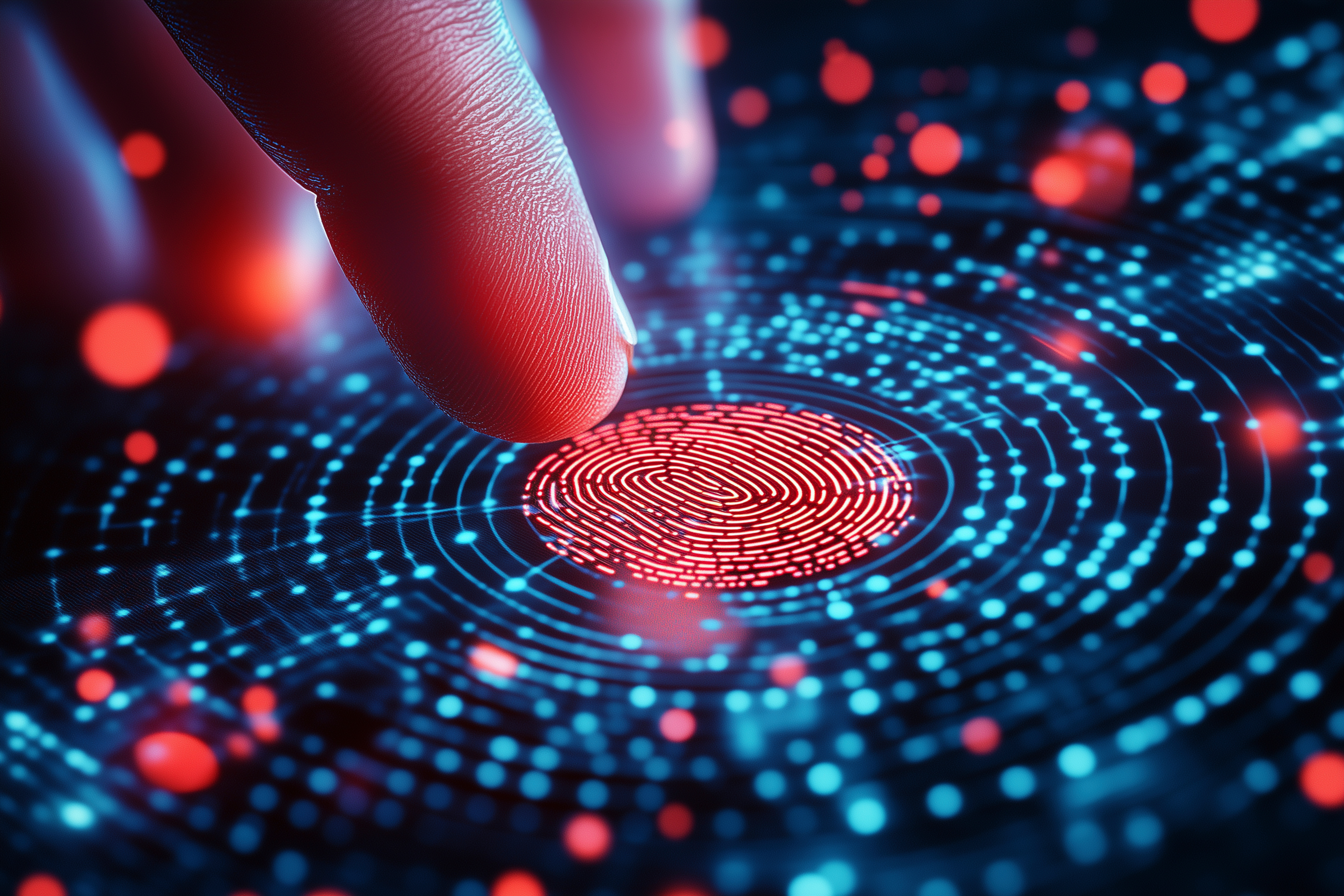 Fingerabdruck-Scan mit digitalen roten und blauen Punkten – Symbol für Identitätsschutz, Zugriffskontrolle und Cyber Security