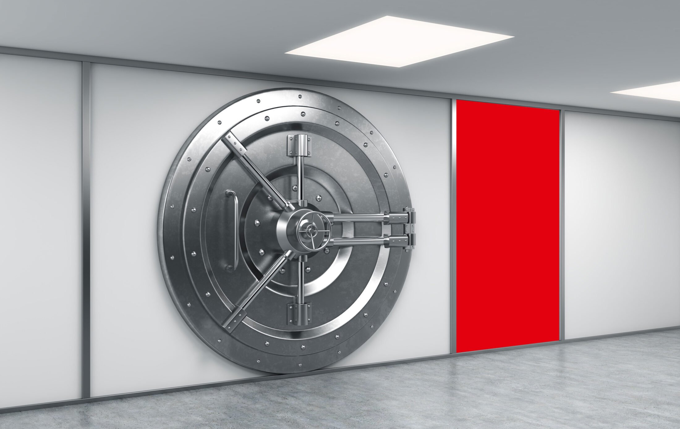 Ein massives Stahltresor-Tor in einem modernen Raum symbolisiert höchste Sicherheit. Bildmotiv für Managed Identity &amp; Access Management von DATAGROUP.