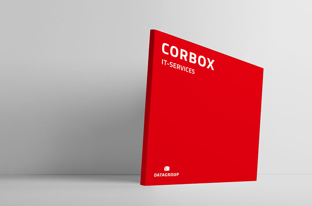 Rote Broschüre mit weißem Aufdruck „CORBOX IT-Services“ von DATAGROUP