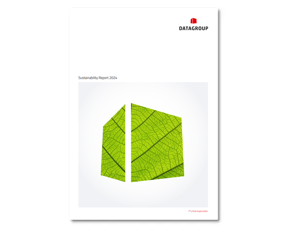 Cover page of the DATAGROUP Sustainability Report 2024 featuring a green leaf structure in the shape of the DATAGROUP logo on a white background.