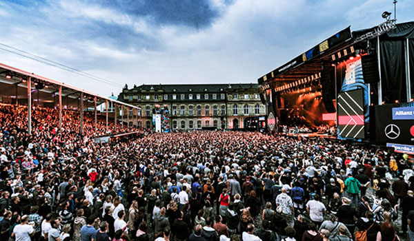 View of large audience with stage