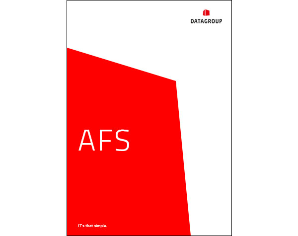 Cover page with abstract red design and white letters “AFS”, DATAGROUP logo at the top.