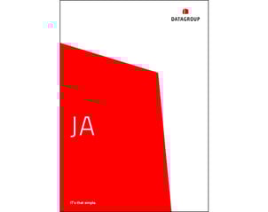 Titelseite des DATAGROUP Jahresabschlussberichts mit großem roten Hintergrundfeld, weißem Schriftzug „JA“ und Claim „IT’s that simple.“