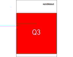 Cover page of the DATAGROUP quarterly report with a large red background, white lettering “Q3,” and the claim “IT’s that simple.” 
