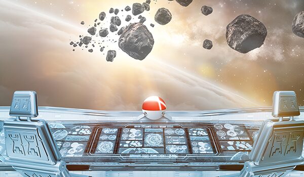 Cockpit-Perspektive eines Raumschiffs mit Blick auf Asteroidenfeld und roten CORBOX-Kern – Symbol für CORBOX Compliance und die sichere Navigation durch regulatorische Anforderungen