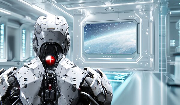 Rückansicht eines humanoiden Roboters mit rotem CORBOX-Kern im Nacken, vor einer Steuerkonsole mit Blick ins All – Symbol für CORBOX Security und umfassenden Schutz durch Technologie