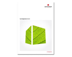 Titelseite des DATAGROUP Nachhaltigkeitsberichts 2023 mit großem grünen Blattmotiv in Form des Unternehmenslogos, dem Titel „Nachhaltigkeitsbericht 2023“ sowie dem Claim „IT’s that responsible.“