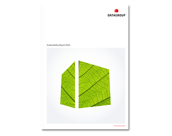 Cover page of the DATAGROUP Sustainability Report 2023 featuring a green leaf structure in the shape of the DATAGROUP logo on a white background.
