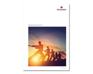 Cover page of the DATAGROUP ESG Report 2020 featuring a group of people pulling a rope together at sunset.