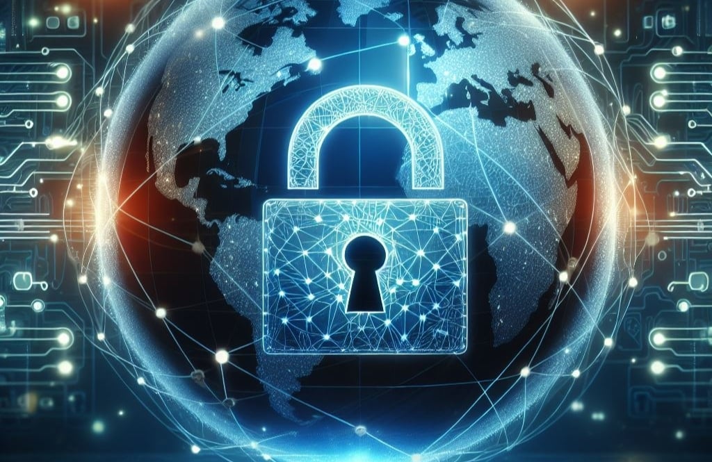 Digitaler Globus mit Netz aus Linien und leuchtendem Schloss-Symbol – Sinnbild für globale Cyber Security und Netzwerkschutz
