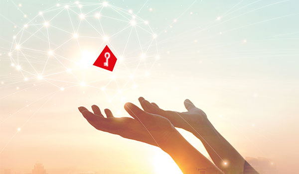 Geöffnete Hände halten einem leuchtenden Netzwerk-Symbol entgegen, darüber schwebt ein rotes DATAGROUP-Icon mit Schlüsselsymbol vor einem hellen Sonnenhintergrund.