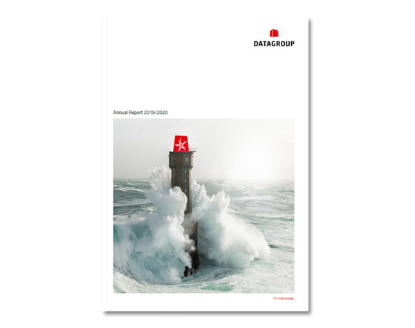 Cover page of the DATAGROUP Annual Report 2019/2020 showing a lighthouse hit by powerful ocean waves, with a red DATAGROUP symbol at the top.