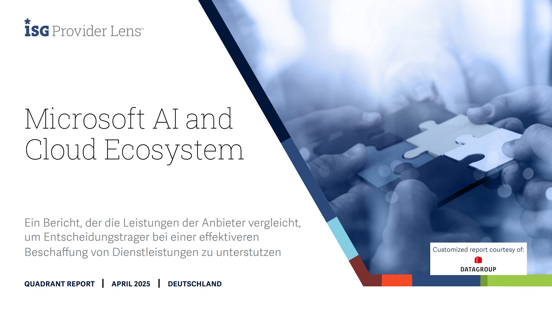 Titelbild der ISG Provider Lens Studie „Microsoft AI and Cloud Ecosystem“ – Bericht für Deutschland, April 2025, bereitgestellt von DATAGROUP, mit grafischem Puzzle-Motiv als Symbol für Zusammenarbeit und Integration.