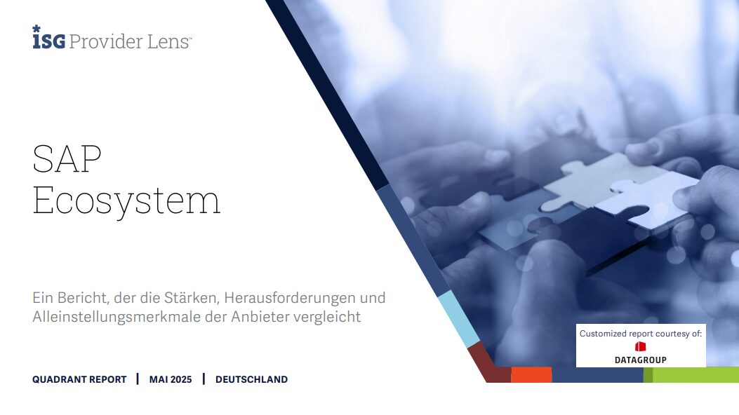 Titelbild der ISG Provider Lens Studie „SAP Ecosystem“ – Bericht für Deutschland, Mai 2025, bereitgestellt von DATAGROUP, mit Puzzle-Motiv als Symbol für Zusammenarbeit und Integration.