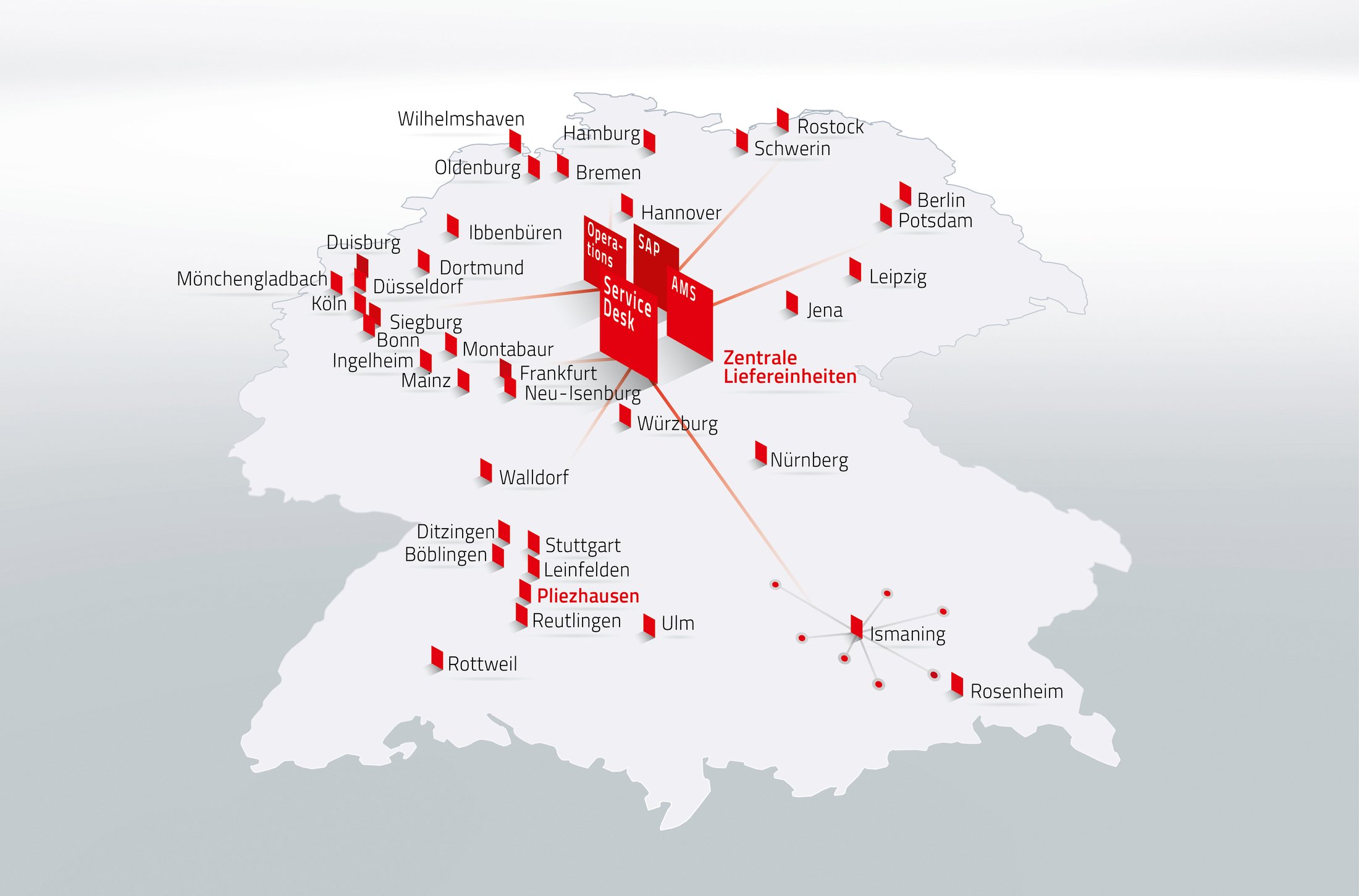 Deutschlandkarte mit den DATAGROUP Standorten, zentralem Service Desk und Liefer­einheiten, hervorgehoben ist der Standort Ismaning