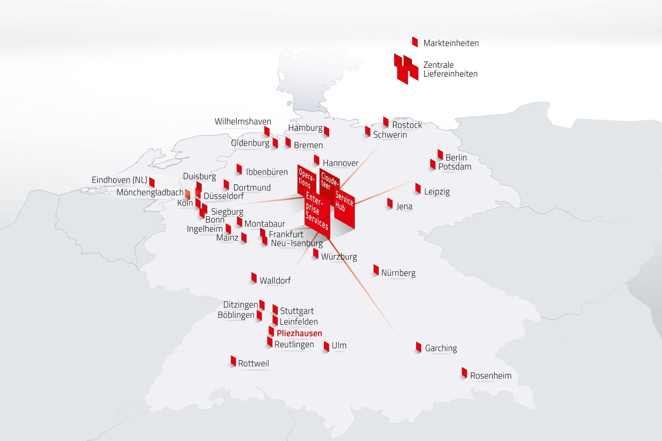 Deutschlandkarte mit den DATAGROUP Standorten, zentralem Service Desk und Liefer­einheiten, hervorgehoben ist der Standort Ismaning