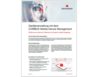 Vorschaubild des Factsheets „Geräteverwaltung mit dem CORBOX Mobile Device Management“ mit Informationen zu zentraler Verwaltung, Konfiguration und Sicherheit mobiler Endgeräte.