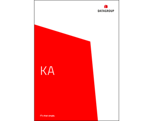 Titelseite des DATAGROUP Konzernabschluss und Konzernlageberichts mit großem roten Hintergrundfeld, weißem Schriftzug „KA“ und Claim „IT’s that simple.“