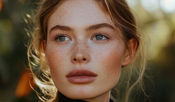 Nahaufnahme-Porträt einer jungen Frau mit Sommersprossen und natürlichem Make-up in sanftem Außenlicht.