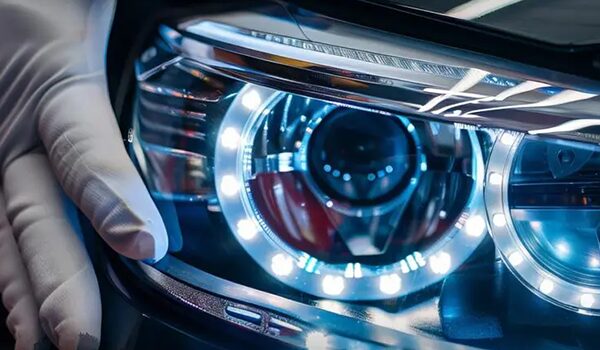Nahaufnahme eines modernen Autoscheinwerfers mit beleuchtetem LED-Ring, der Hightech-Details zeigt, und einer behandschuhten Hand, die die polierte Oberfläche untersucht.