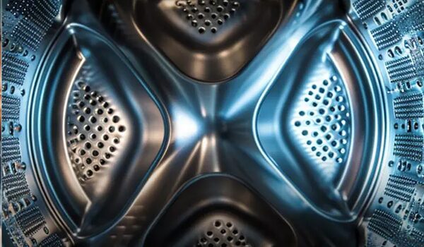 Close-up of a shiny washing machine drum with a textured surface.
