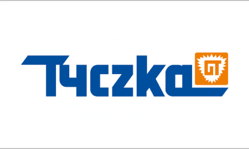 Logo der Firma Tyczka. Blaue Schrift und orangenes kleines qudrat mit den Buchstaben GT am Ende des Logos.