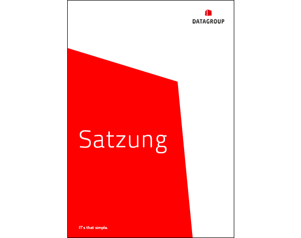 Titelseite der DATAGROUP Satzung mit großem roten Hintergrundfeld, weißem Schriftzug „Satzung“ und Claim „IT’s that simple.“