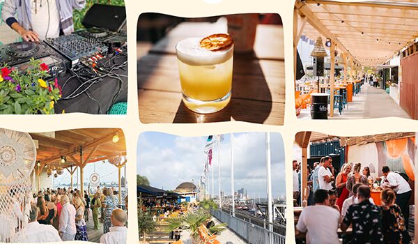 Collage vom Sommerfest der DATAGROUP Hamburg: DJ-Pult mit Musik, Cocktail, dekorierte Sitzbereiche, Tanzfläche, sonnige Außenbereiche mit maritimem Flair und Gästen beim Feiern.