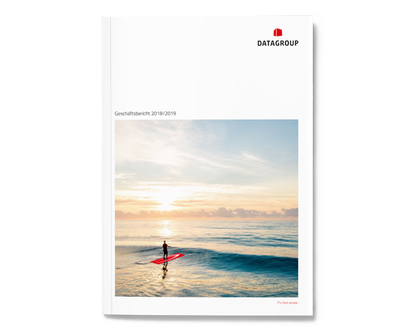 Cover page of the DATAGROUP Annual Report 2018/2019 showing a person on a surfboard at sunrise on the sea.