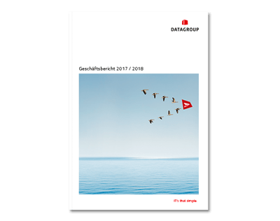 Cover page of the DATAGROUP Annual Report 2017/2018 with a formation of birds flying over the sea, accompanied by the red DATAGROUP symbol.