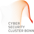 Logo des Cyber Security Cluster Bonn mit abstrakter Wellenform in Orange-Weiß.