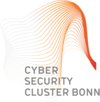 Logo des Cyber Security Cluster Bonn mit abstrakter Wellenform in Orange-Weiß.