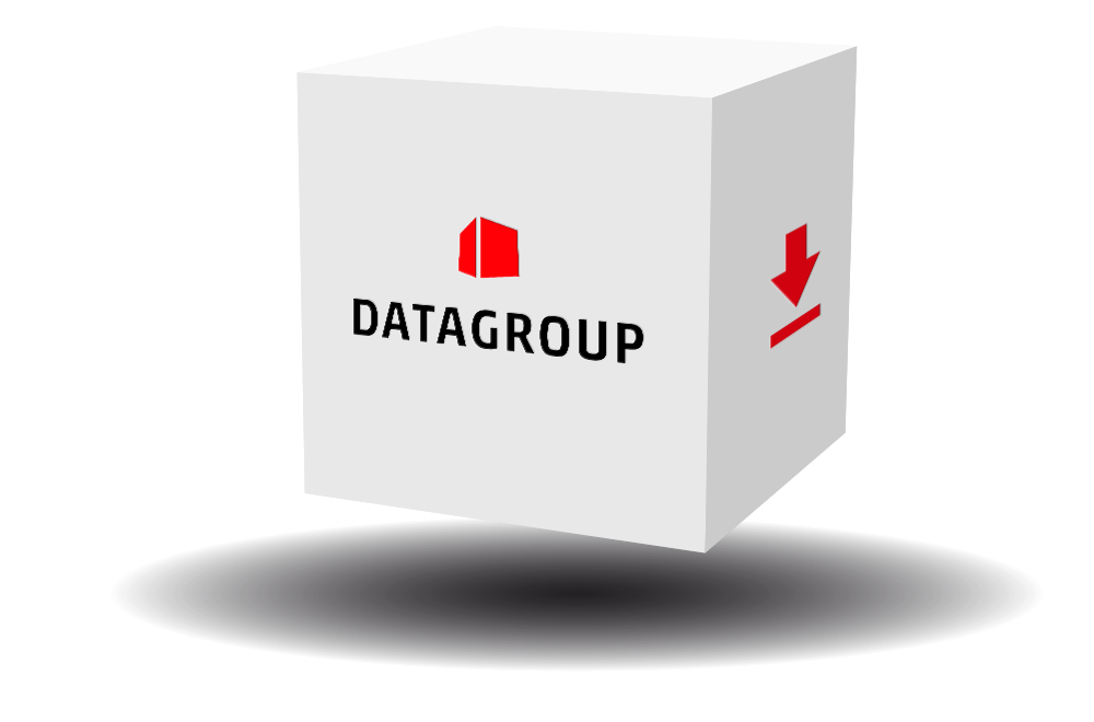 Floating white cube with the DATAGROUP logo on one side and a download icon on the other