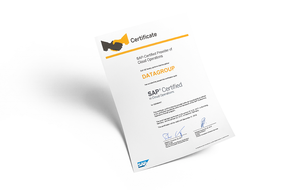 SAP certificate: DATAGROUP is an SAP Certified Provider of Cloud Operations – an award for certified expertise in the field of cloud operations.
