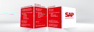 Grafik der SAP-Services von DATAGROUP: SAP Transformation (z. B. S/4HANA, Analytics), SAP Cloud & Outsourcing (z. B. Application Management, Private Cloud, Security) und SAP Solutions (z. B. Process Automation, Mobile Solutions). Rechts das Logo SAP by DATAGROUP.