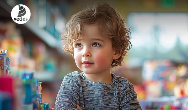 Person in einem Spielwarengeschäft mit bunten Spielzeugen in den Regalen, VEDES‑Logo oben links.